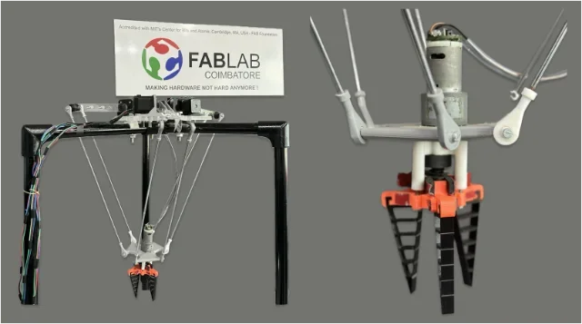 The delta robot prototype and its 3D-printed end effector.